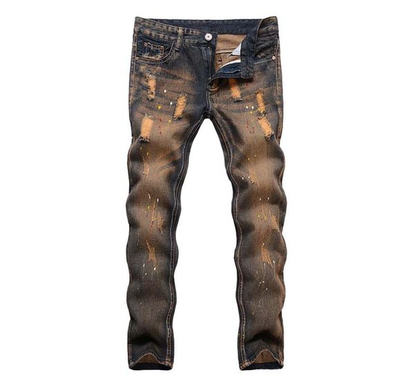 

2019 men casual denim pants straight knee hole hiphop jeans pants washed 3892296, Blue