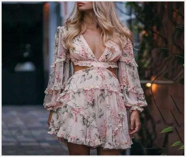 

fashion print hollow out summer women dress v neck lantern sleeve ruffles mini dresses female vestido 1369080424, Black;gray
