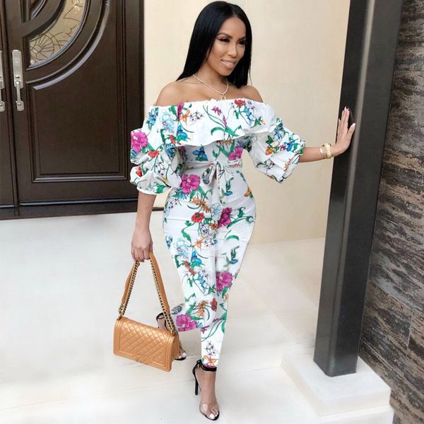 

women's jumpsuits rompers women's off shoulder jumpsuit floral printed half sleeve bandage casual pencil skin-tight garment s-2xl, Black;white