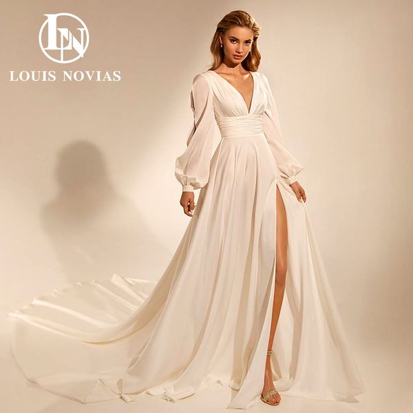 

a-line wedding dress 2023 v-neck puff sleeves illusion split front customized size chiffon lace dresses for bride vestidos de novia, White