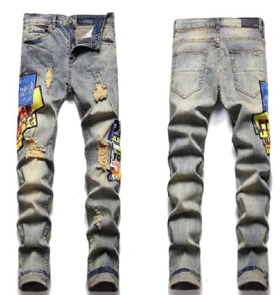 

men039s jeans am european men039s jean with holes printing trend elastic slim fit pants high end versatile 3172 mm70gg29657772, Blue