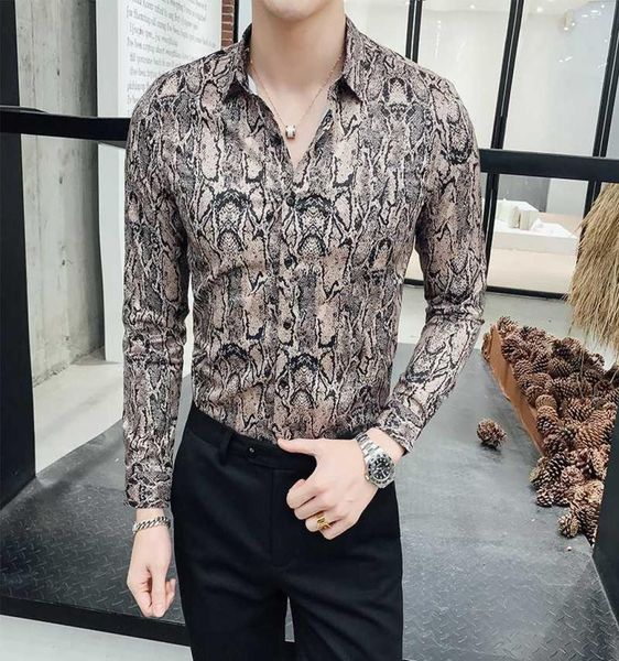 

2020 spring snake grain printing man selfcultivation long sleeve leisure time formal shirts for men camisa slim fit masculina7675808, White;black