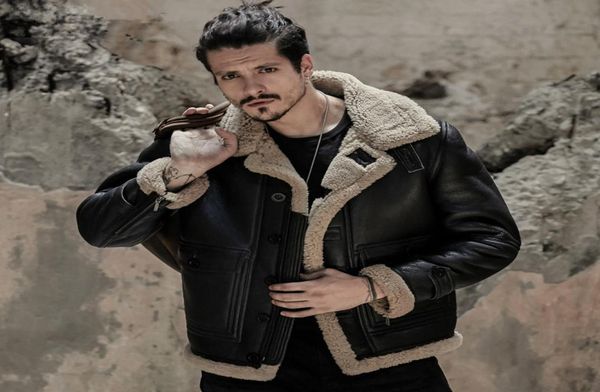 

wholegenuine leather jacket winter jacket men original natural wool fur sheepskin coat men vintage flight bomber plus size 182619987, Black