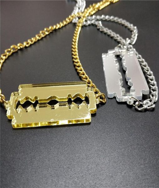 

2020 new blingbling blade razor pendant necklace for women men mirror gold silver color acrylic hip hop rock jewelry1254427