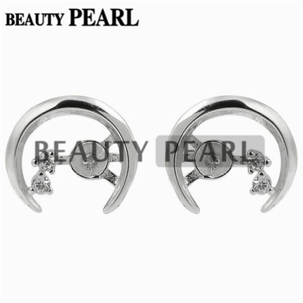 

moon stud earring semi mount for pearl settings 925 sterling silver zircon diy jewelry 5 pairs6041811, Slivery;crystal