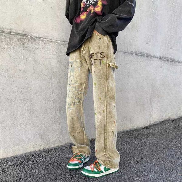 

designer jeans embroidered yellow mud jeans for men's trendy ins high street loose straight sleeve design pants hiphop, Blue