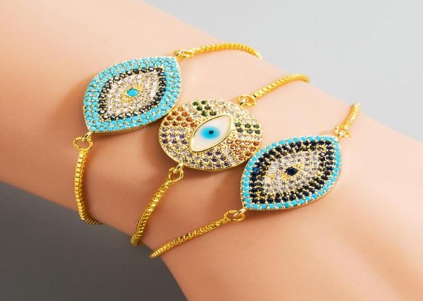 

turkish evil eye bracelet pave cz cubic zircon blue eye gold color chain charm bracelets adjustable women party bangle vintage jew7018158, Golden;silver