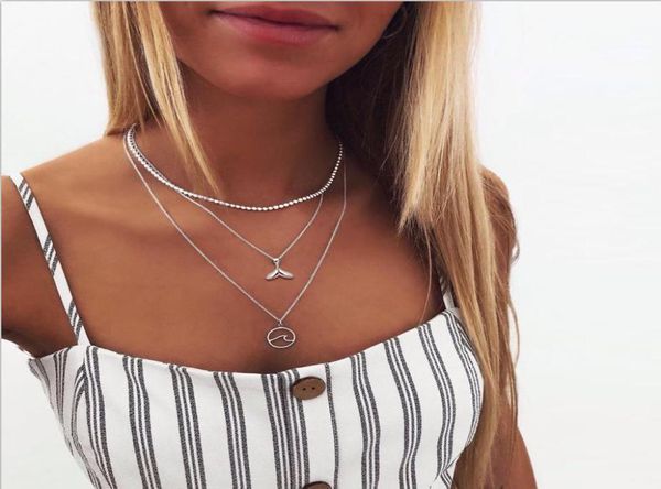

new fashion gold silver pendant necklaces for women boho vintage wave multilayer long necklace 2019 fashion jewelry6536479