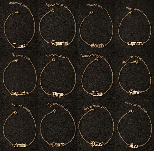 

2020 fashion stainless steel foot chain bracelet anklet 12 zodiac sign old english alphabet charm bracelet for women new design je3166948, Black