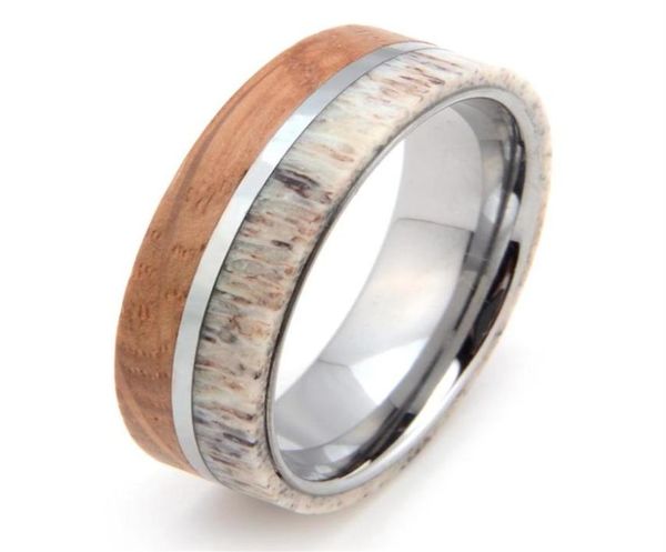

mens womens 8mm tungsten carbide ring deer antler and whisky barrel wood inlay wedding band comfort fit size 713 include half siz9508540, Slivery;golden