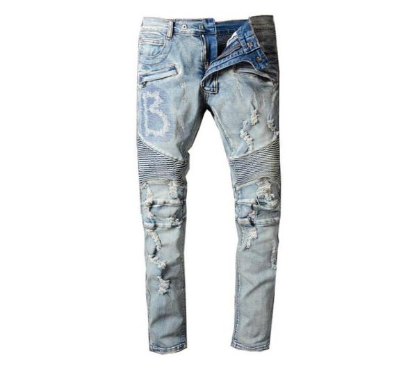 

mens stylist jeans distressed ripped biker jeans slim fit motorcycle biker denim jeans mens pants casual trouser1542880, Blue