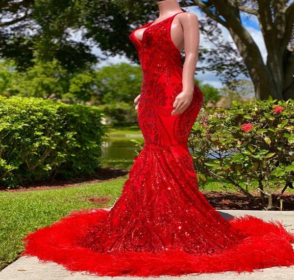 

arabian black girl mermaid prom dresses red sequined elegant backless feather evening gowns long women formal dress robe de s7228866