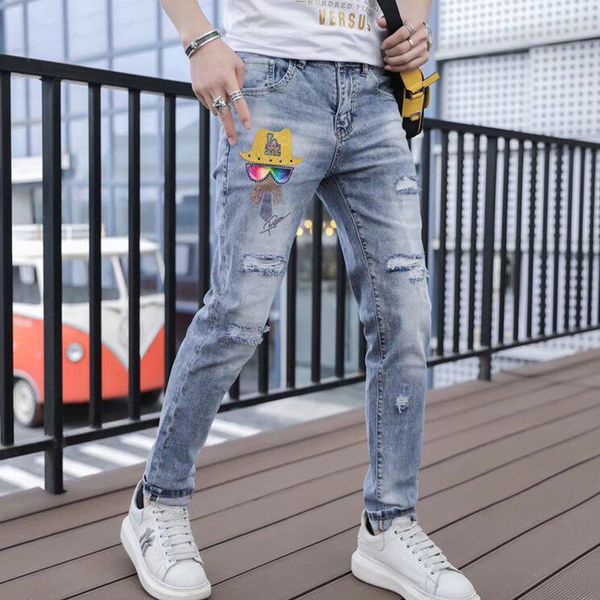 

jeans men's thin light grey fashion brand tiger head diamonds slim fit male pants casual stretch casual stretch man clothing, Blue