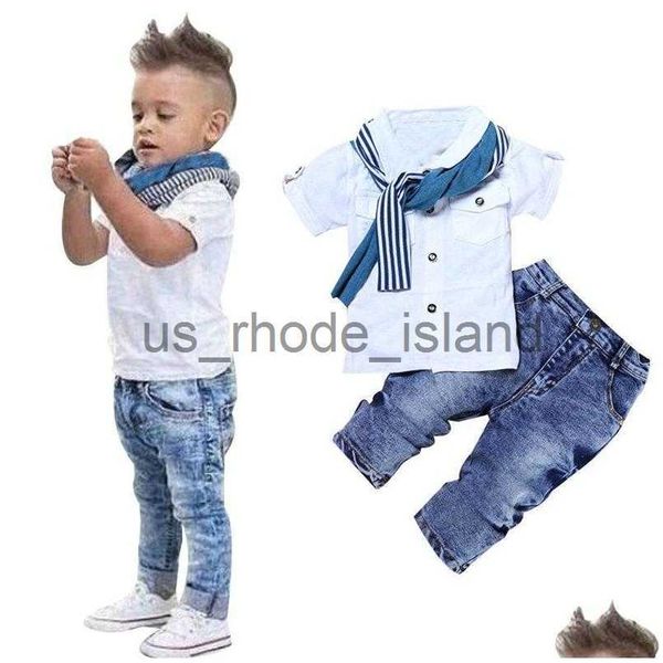 

clothing sets clothing sets summer fashion baby boys children set of shirt add scarfaddjeans 3pc kids suit drop delivery maternity dhu2k x07, White