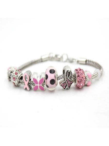 

new arrival whole diy breast cancer awareness jewelry wheat chain with pink ribbon bead bracelet for cancer center foundation 3462944, Golden;silver