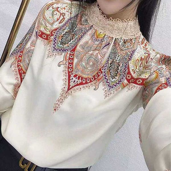 

women's blouses shirts stand collar lace spliced printed vintage shirt spring fashion female clothing long sleeve korean loose women&#0, White