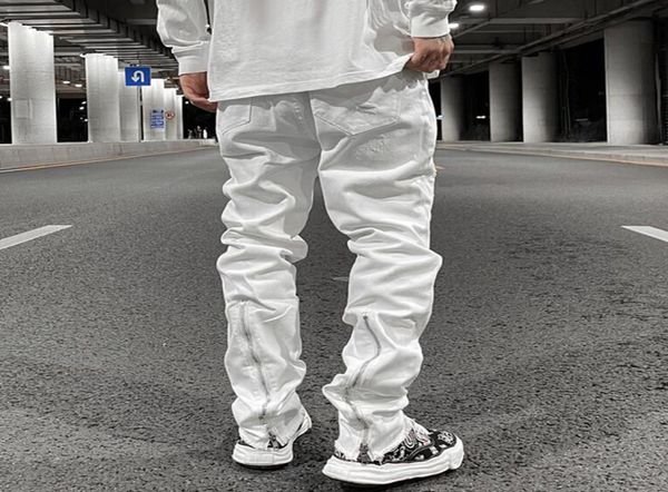 

back zipper hole ripped white jeans pants mens straight washed retro oversized casual denim trousers1692678, Blue