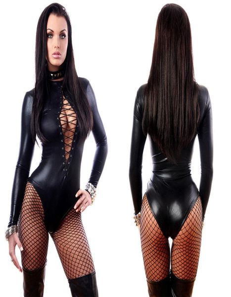

women gothic faux leather bodysuit punk long sleeve catsuit erotic lace up high cut leotard fetish lingerie fancy dress2993583, Black