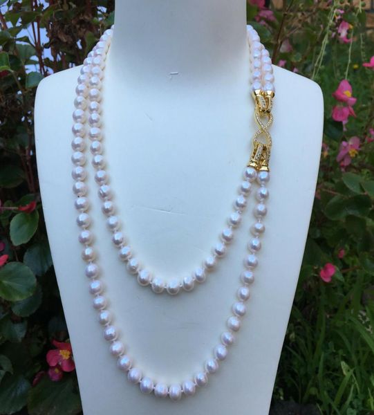 

hand knotted 2strands 78mm white freshwater collar pearl necklace long 4555cm fashion jewelry5382247, Silver