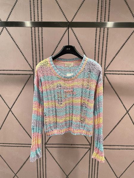 

23ss womens designer clothing women sweater early autumn new fixed dye gradient color yarn irregular hole long sleeve sweater womens clothin, White;black
