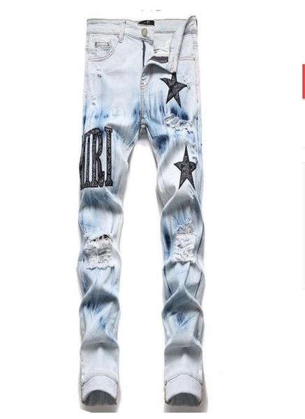 

men039s jeans european jean hombre letter star men embroidery patchwork ripped for trend brand motorcycle pant mens skinny clot9118579, Blue