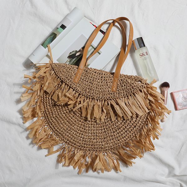 

other bags simple tassel grass shoulder bag women's design handbag bohemian round women's large capacity handbag summer beach trav, Black;red