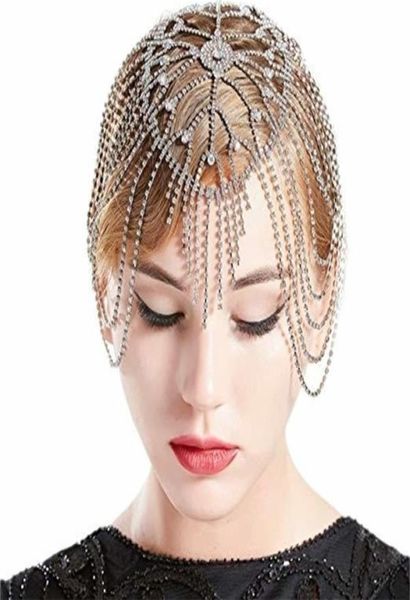 

women bridal headpiece crystal flapper cap hair piece gatsby accessories girls party head band piece jewelry t2005226436594, Slivery;golden