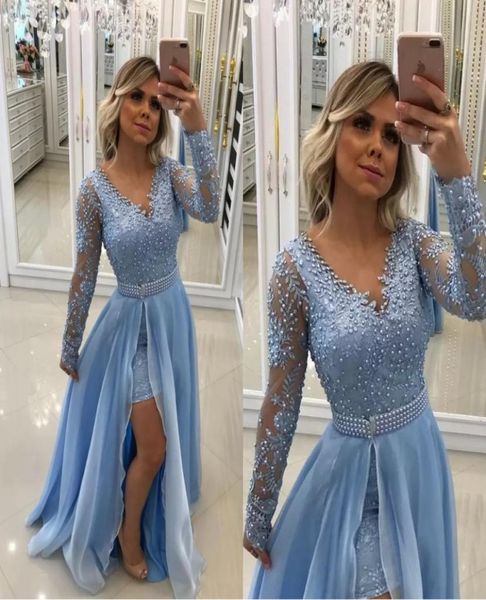 

v neck pearls lace appliques baby blue evening dresses 2019 long sleeves with detachable skirt and pearl sash prom gowns4707235, Black