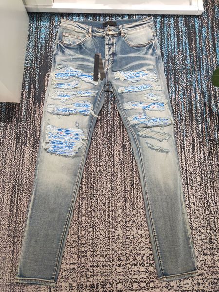 

men's jeans wash blue cashew flower patch slim fit ripped high street 230711