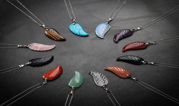 

aura healing crystal quartz gemstone jewelry necklaces angel wings carved stone pendant necklace unisex1895366, Silver