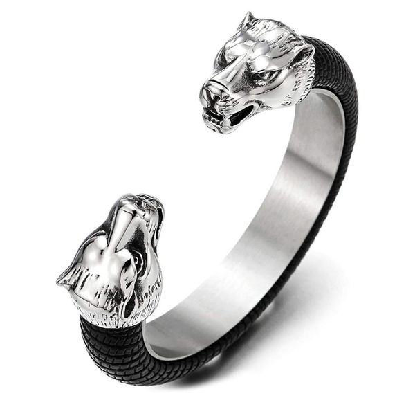 

mens steel wolf head open cuff bangle bracelet inlaid with black leather elastic adjustable 9900216