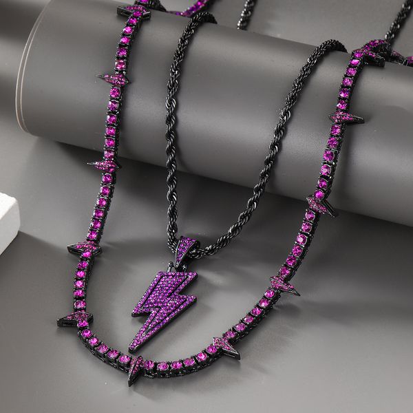 

hip hop lightning pendant necklace tennis chain full zircon men women jewelry, Silver