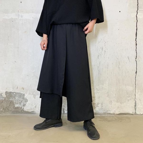 

men039s pants men elastic waist splice loose casual wide leg skirt male japan kimono streetwear hip hop punk gothic harem trous8214718, Black