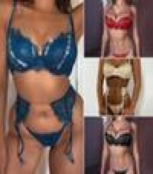 

lace drill rhine lingerie briefs set push up bra panty 3 piece for women comfort adjustable underwear black, red,blue5746915, Black;white