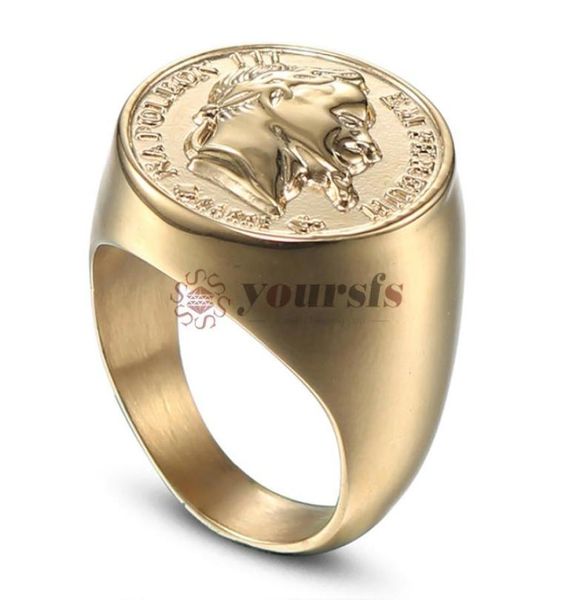 

yoursfs signet biker rings solid polished stainless steel ring for men napoleon empereur faux coin ring2204112, Golden;silver