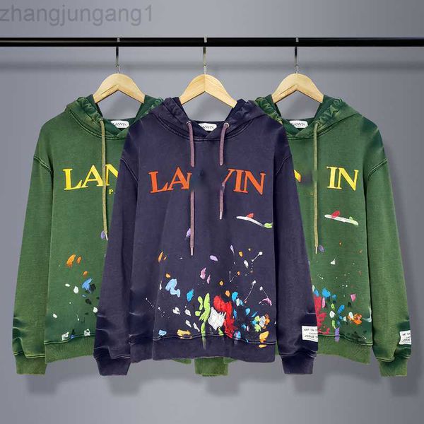 

designer lanvins hoodie chaopai langfan autumn and winter new wash water graffiti color ink letters pure cotton hooded sweater men, Black