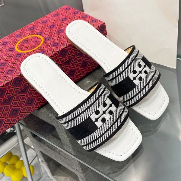 

double letter jacquard slides slippers womens flat comfort slide fashion embroidered cotton sandals summer wear beach slipper rubber sole, Black