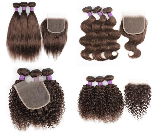 

2 4 brown color 3 bundles with closure 200gset brazilian indian human hair hair weft straight body jerry curly5405850, Black;brown