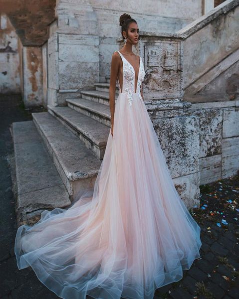 

rose pink princess wedding dress sleeveless appliqued lace bride dress aline tulle backless boho wedding gown6056003, White