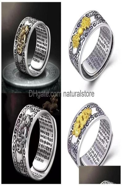 

band rings feng shui pixiu charms ring band amet wealth lucky carving scripture open adjustable rings buddhist jewelry for women a1946695, Silver