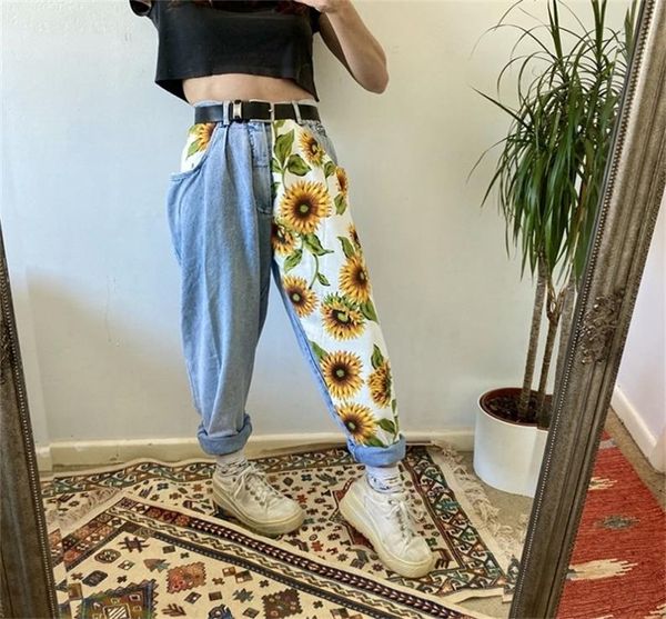 

new trend s printed light blue jeans fit women young girls soft denim long pant patchwork harem hight waist jeans 2012237776401