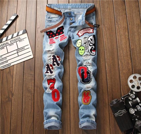 

mens more badge light blue punk jeans fashion designer slim fit straight leg denim pants 8832114584