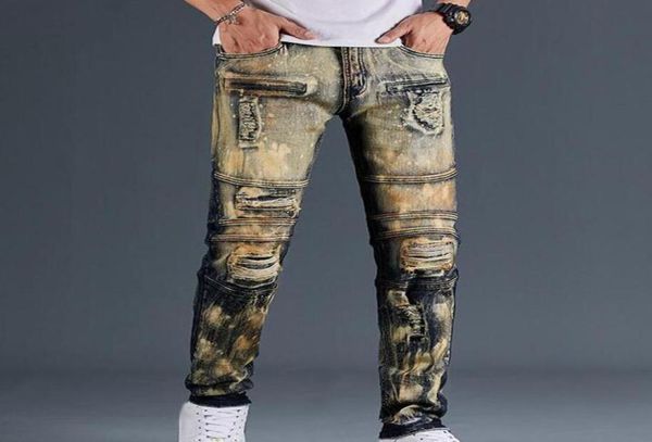 

mens designer jeans distressed ripped biker slim fit motorcycle denim for men fashion man pants2733291, Blue