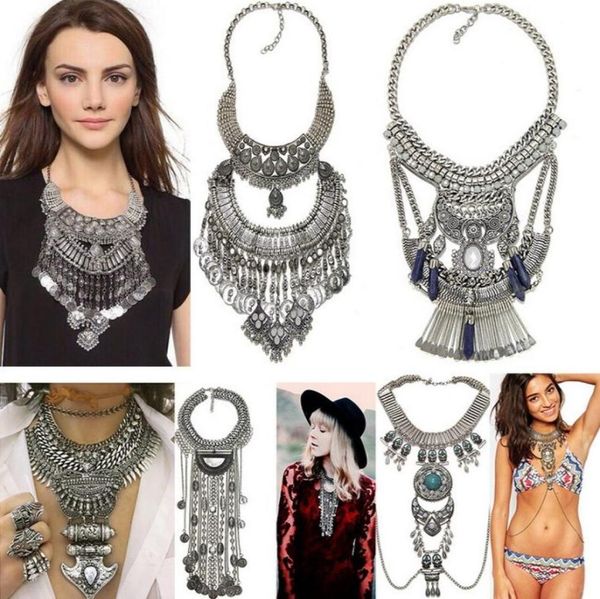 

bohemian statement necklaces tassel drop vintage collar femal choker collar multi layer necklace for women chunky necklaces4635602, Blue;red