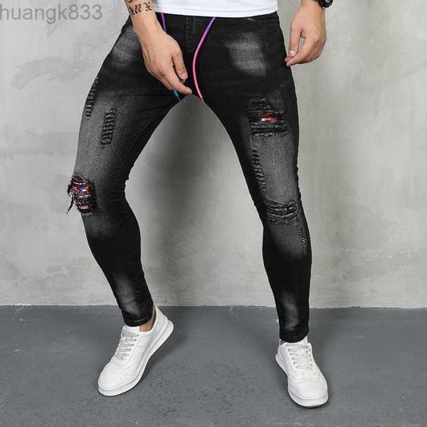 

jeans for mentrendy jeans, male beggars, elastic tight slim-fit pants, new perforated patch jeans, long pants, Blue