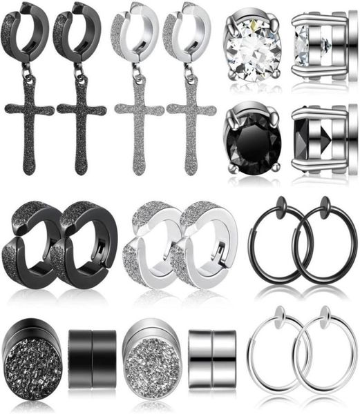 

10 pairs nonperforated magnetic studs stainless steel cross dangling hinged earrings clip on cz magnet earrings for men women130568068164, Silver