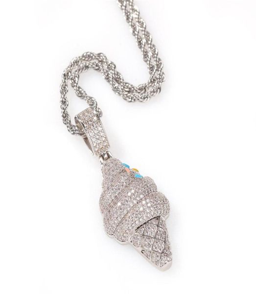 

iced out ice cream necklace pendant white gold plated with rope chain mens hip hop jewelry gift3118375, Silver