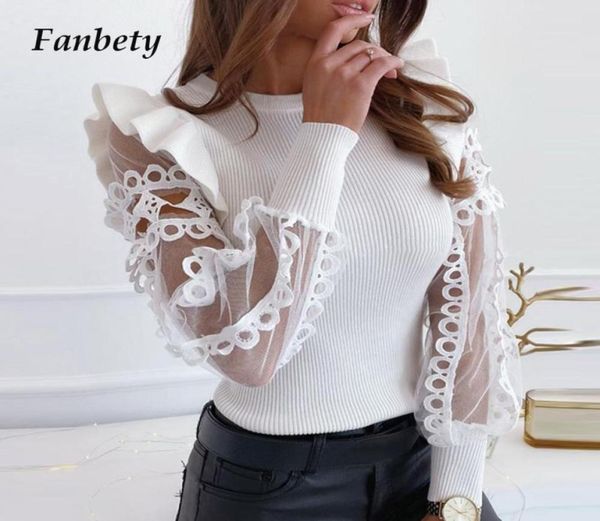 

fashion women spring mesh lace blouse shirt round neck trim frill ribbed long sleeve solid pullovers blusa8897107, White