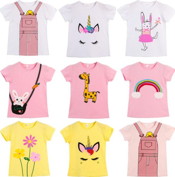 

2021 new summer short sleeve tshirt cotton for girls cartoon flower rabbit butterfly unicorn tee kids clothes e18018236722, Blue