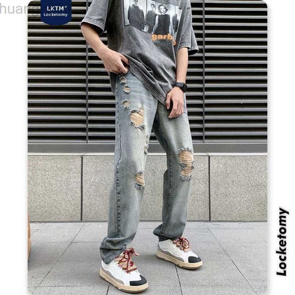 

jeans for menlktm men's #hipphop fried street pants men's high street trendy brand washed rough edge torn jeans, Blue